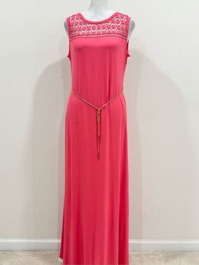 Calvin Klein Sleeveless Maxi Dress Coral Pink Medallion Crochet Lace Neckline 12
